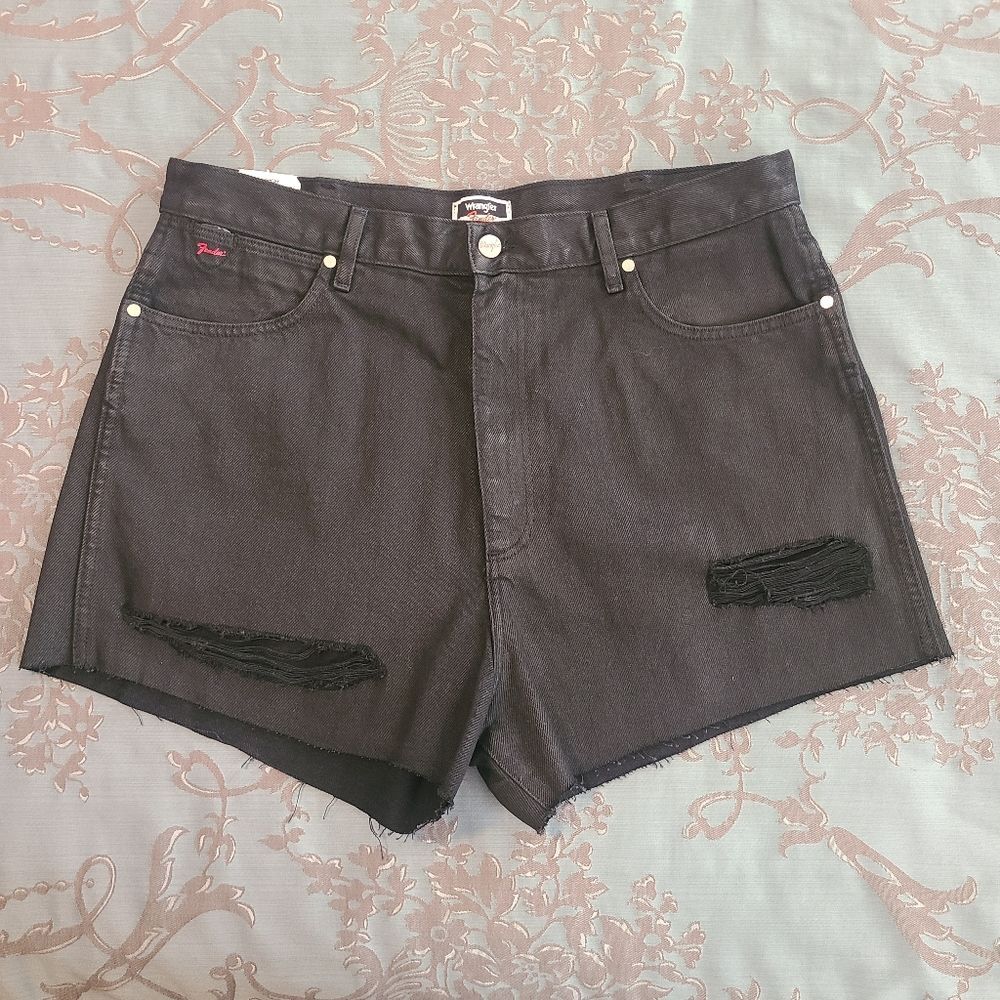 Wrangler x Fender Guitars Festival Coated Black Denim Cut Off Shorts Size 34